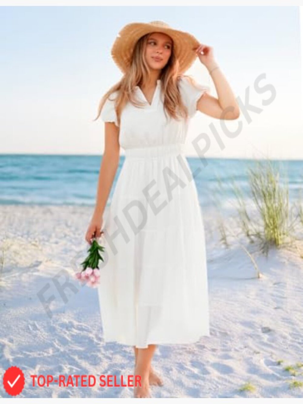 Puff Short Sleeve V Neck Ruffle Tiered Flowy Boho Maxi Dress - Picture 2 of 7